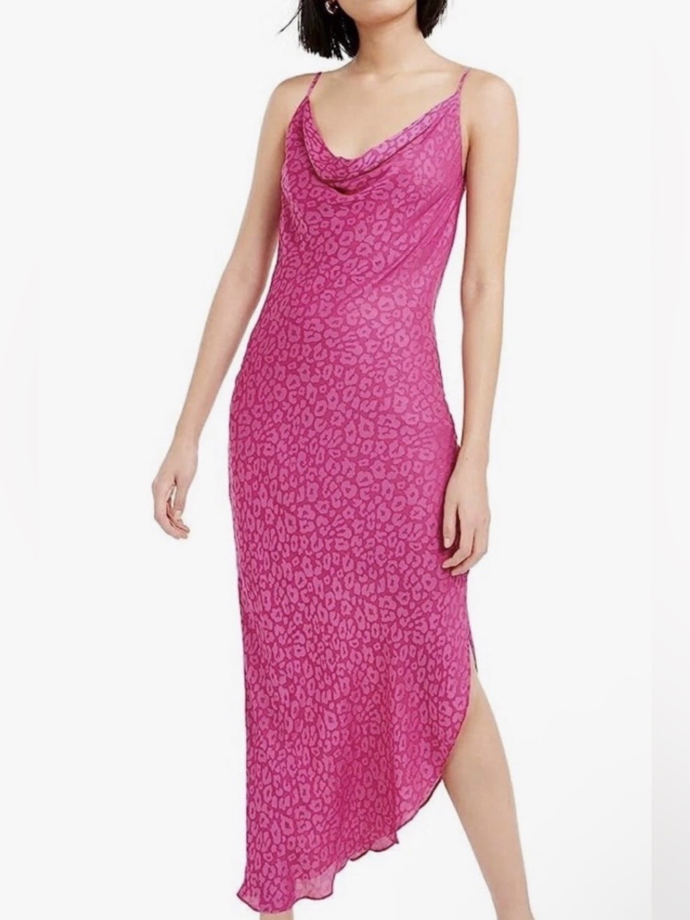 Bar III Pink Leopard Print Asymmetrical Slip Dress